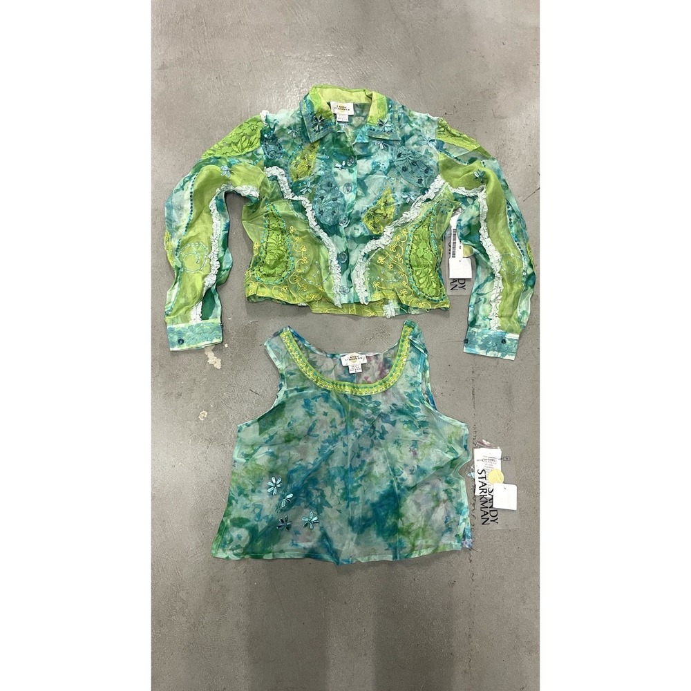 Vintage Sandy Starkman Green Silk Lace‎ Beaded Top + Jacket Y2k Fairy Boho